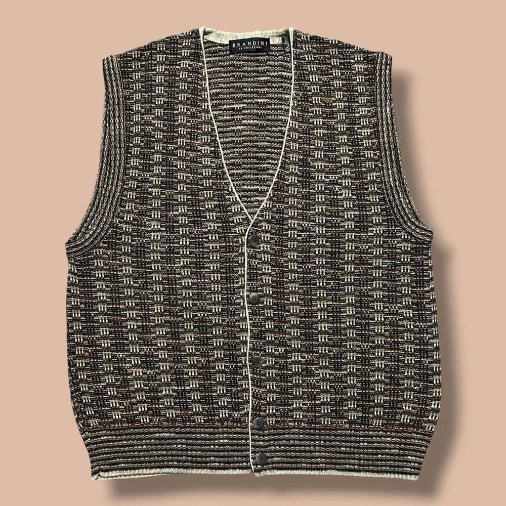 Vintage Sweater Vest 90s Wool Cardigan Made in Italy Mens XL Brown Abstract Knit